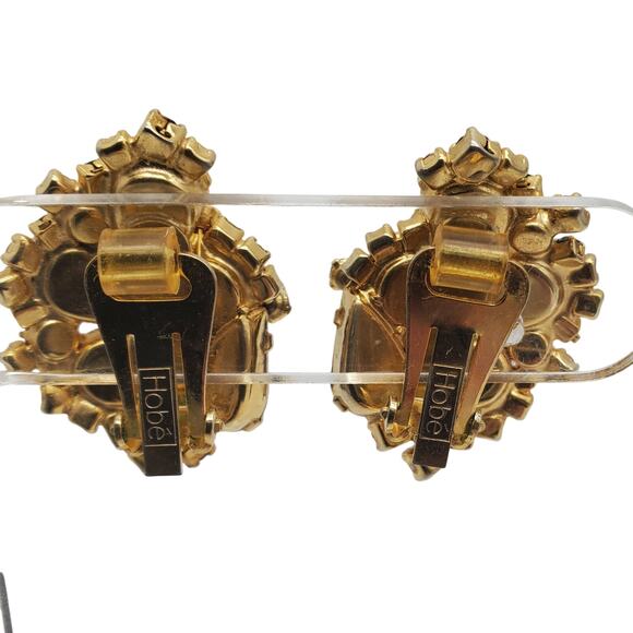 Hobe Earrings Vintage Clip On Rhinestone AB Green Amber Signed Statement Vintage - Picture 8 of 10